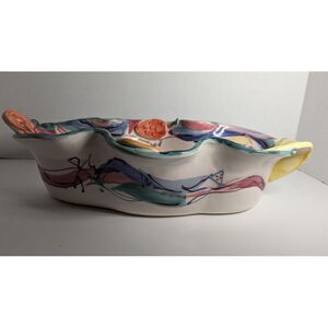 VTG Clay and Color Studio serving bowl Art Pottery Handles Abstract fruit